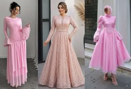 نمونه های ترند لباس مجلسی پوشیده صورتی؛ با موهای باز، حجاب استایل و توربان مثل پری