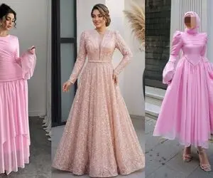نمونه های ترند لباس مجلسی پوشیده صورتی؛ با موهای باز، حجاب استایل و توربان مثل پری