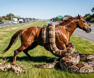 حیات وحش مصنوعی؛ اسب شجاع برای اینکه مادرش از چنگ پیتون غول نجات بده کمک آورد