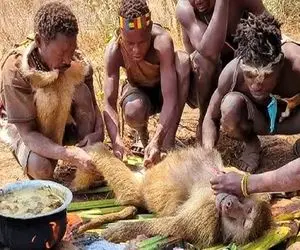 جنگجویان طبیعت؛ بربرهای برهنه میمون دیلاقو با نیزه کشتن موهاشو کز دادن خوردن