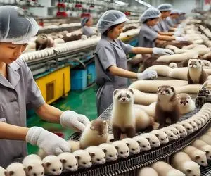 فرآوری راسو؛ راسو درسته میذارن تو دستگاه تا پوستش و خزش کامل و تمیز دربیاد چرخش میکنن