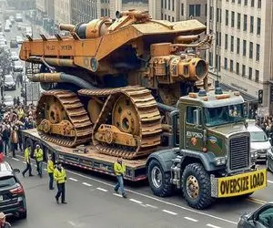 جابه جایی سهمگین؛ کامیون که قلمبه شده بیل مکانیکی غول و گذاشته رو کولش میره