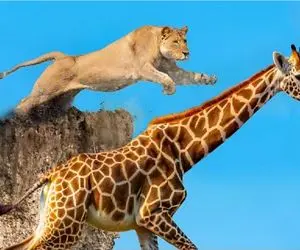 جذابیت حیات وحش / شیر قدش به زرافه نرسید از پاهاش رفت بالا