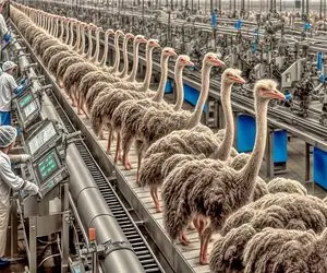 فرآوری شترمرغ؛ پر شترمرغ زنده رو برای ساخت کلاه میکنن گوشتش میشه سوسیس دودی 