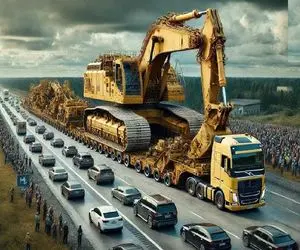 جابه جایی جانکاه؛ بیل مکانیکی 12000 تنی رو با دوتا یدک کش تریلی با مشقت میبرن