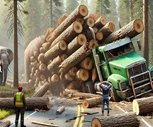 جابه جایی جانکاه؛ موقع حمل الوار خیس تو جاده مهلک گل اندود درحال چپ کردنه جمع میشه