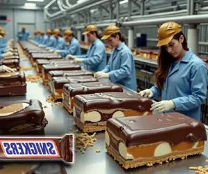 کارخانه تولید؛ شکر و سویا و اسانس و ترکیب میکنه شکلات بشه توش بادام زمینی میذاره