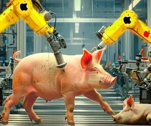 فرآوری خوک؛ خوک صورتی رو بستن به ربات و از پشت برش می زنن و ورق کالباسش میکنن