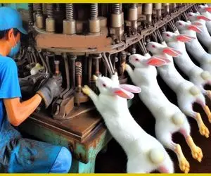 فرآوری خرگوش؛ زنده زنده پوست خرگوشارو میکنن بعد درسته با سس بشامل میذارن تو باربیکیو