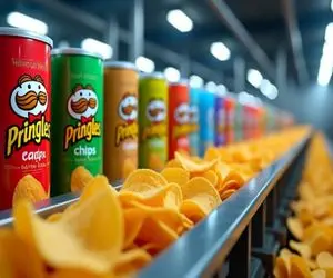 فرآیند تولید چیپس؛ سیب زمینی رو اسلایس میکنه با پودرهای مختلف ترکیب میکنه پرینگل شه