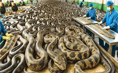 فرآوری مار؛ پیتون با مرغ دادن غول میکنن که پوستشو بکنن کت تنشون پزشو بدن