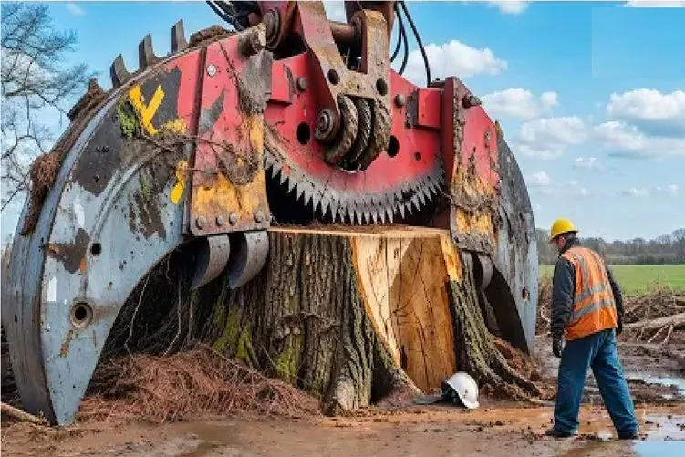 ابزارآلات غول پیکر؛ اپراتور بیل مکانیکی چنگک انداخت دور درخت ریشه اشو بخشکونه