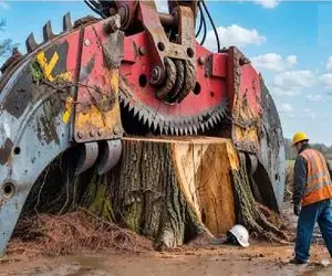 ابزارآلات غول پیکر؛ اپراتور بیل مکانیکی چنگک انداخت دور درخت ریشه اشو بخشکونه