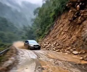 معماری طبیعت؛ کوه ریخت از راننده و ماشینش خاطره ای بیش نموند