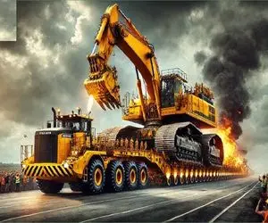 جابه جایی های جانکاه؛ بیل مکانیکی غول ساختن با دوتا تریلی حملش کردن وسط راه منفجر شد