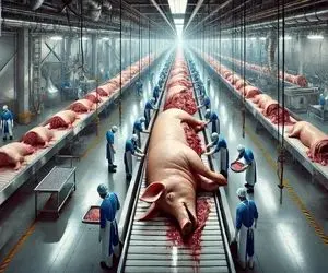 فرآوری خوک؛ خوک صورتی حرومی میذارن رو دستگاه برش استکی میدن تا قیمه ای بشه