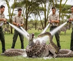 حیات وحش مصنوعی؛ پیتون غول پیچد برای بلع خر خط دار اما مردم خراب شدن سرش