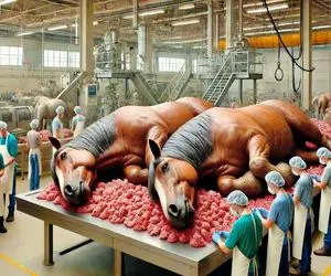 فرآوری اسب؛ سر اسب اصیل درحال احتضار و با چاقو بریدن تیکه کردن برای شیشلیگ