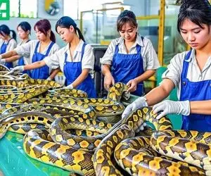 فرآوری مار؛ میلیون ها مار زنده رو روی هم کپه کردن پوستشو لباس میکنن گوشتشم میخورن