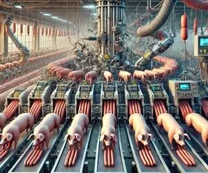 فرآوری خوک؛ خوک صورتی پوست کنده و قلمبه وارد میشه و از اون طرف سوسیس شده تحویل میشه