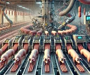 فرآوری خوک؛ خوک صورتی پوست کنده و قلمبه وارد میشه و از اون طرف سوسیس شده تحویل میشه