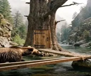 معماری خلاقانه؛ تو تنه درخت خونه ساخت نصفش تو خشکیه نصفش تو آب با در جادویی