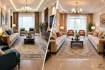بهترین چیدمان مبل برای پذیرایی مستطیلی؛ ایده قرارگیری مبل بزرگ و کوچیک دورتادور فرش