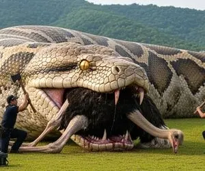 حیات وحش مصنوعی؛ شتر مرغ شجاع برای نجات جان مادرش از چنگ پیتون غول کمک آورد