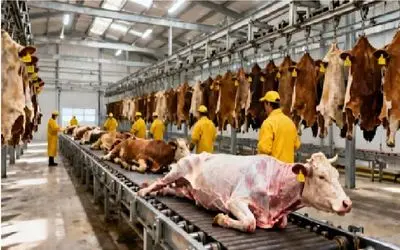 فرآوری گاو؛ گاو خوش رنگ غول از پا آویزون پوستشو جدا و چرخ میکنه استیک ناب شه