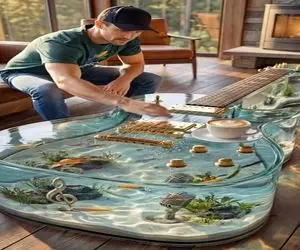 معماری خلاقانه؛ گیتار آکواریومی ساختن روش کافی میخورن ساز میزننو و ماهیا رو میبینن