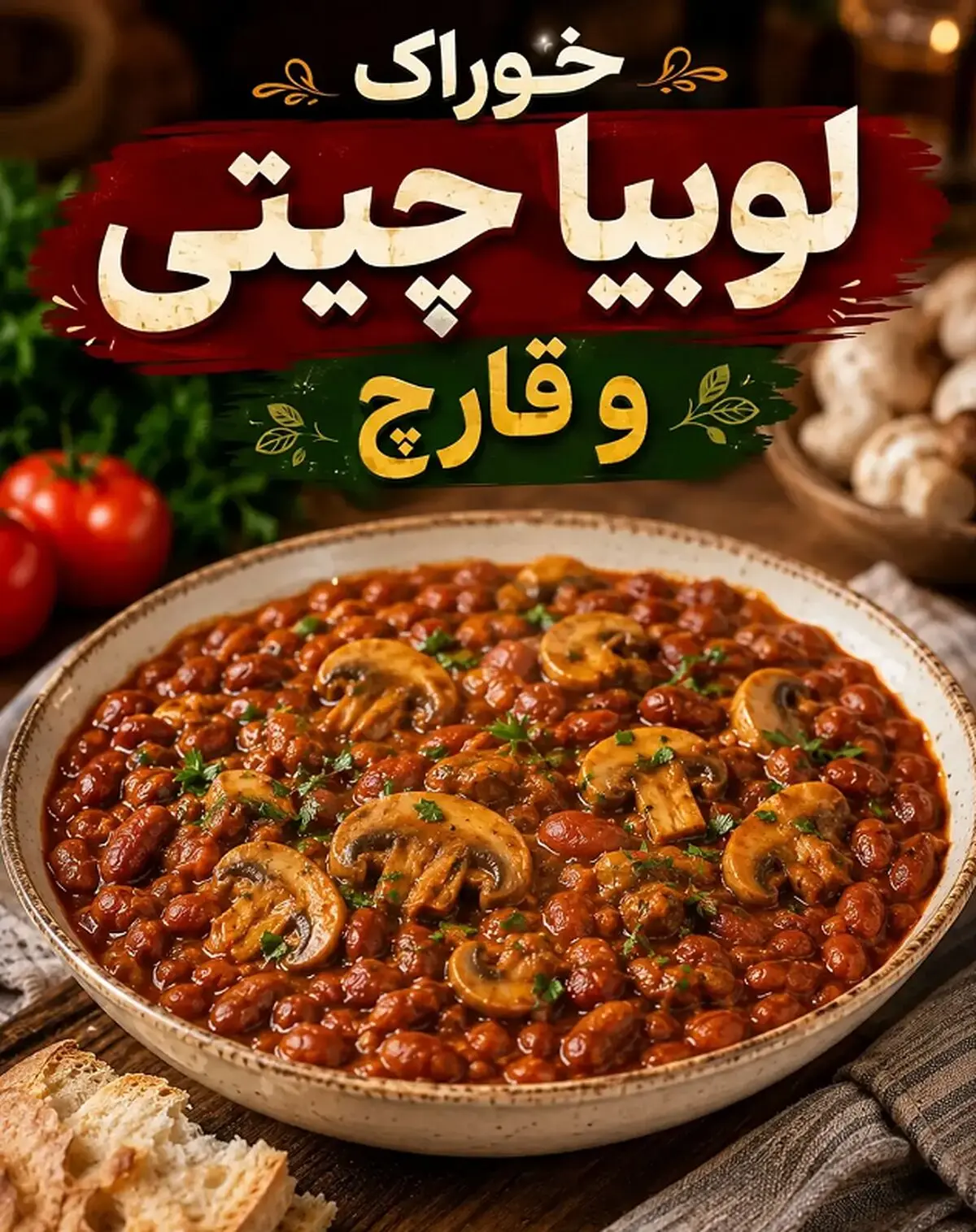 خوراک لوبیا چیتی و قارچ 1