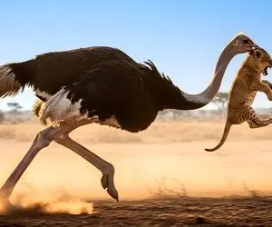 مستند حیات وحش؛ شتر مرغ بچه شیر رو به دهان گرفت و مثل باد دوید