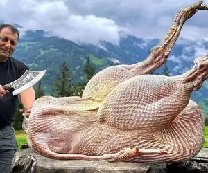 غذای کوهستانی؛ شترمرغ گنده رو پوست کندن پراشو جز دادن بعدم درسته کبابش کردن