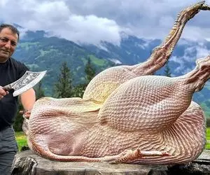 غذای کوهستانی؛ شترمرغ گنده رو پوست کندن پراشو جز دادن بعدم درسته کبابش کردن