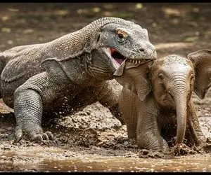 حیات وحش مصنوعی؛ اژدهای کومودو ناجوانمردانه بچه فیل رو اسیر می کنه