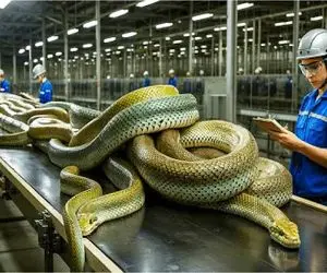 فرآوری مار؛ مار سرکیسه شده رو تو دستگاه بارور میکنن برای گوشت و پوست لوکسش