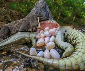 بدایع حیات وحش؛ کومودوی ازازیل شکم تمساح سفاک و پاره کرد تخمش و دولپی بلعید