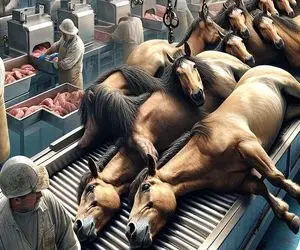 فرآوری اسب؛ گردن اسب های اصیل مفلوک شده رو از قفا میزنن چرخ میکنن کالباس شه