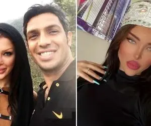 فیس عجیب زنِ سپهر حیدری با رُژ قرررمز که عین عروسکا شد؛ جا ناخون پنگال کاشته!