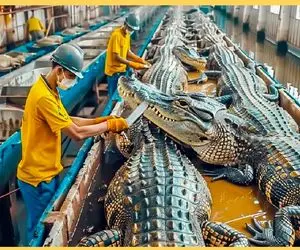 فرآوری کروکودیل؛ گوشت کروکودیل رو خورشتی خورد میکنن باهاش غذای چرب و چیل درست میکنن