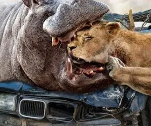 شاهکار حیات وحش؛ شیر با تو مُخی شدن برا اسب آبی سرشو به باد داد