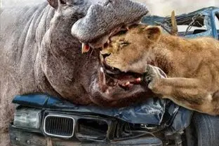 شاهکار حیات وحش؛ شیر با تو مُخی شدن برا اسب آبی سرشو به باد داد