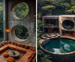 معماری خلاقانه؛ تو اعماق جنگل ویلا چوبی نقلی ساخت با استخر اعیونی که با چشمه پر میشه