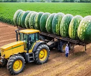 کشاورزی نوین؛ با تجهیزات نوین هندوانه پرورش میدن هر کدوم و باید با یه تریلی حمل کرد