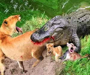 بدایع حیات وحش؛ شیر شقی اومد آب بخوره تمساح زالو مثل کنه چسبید به باسنش ببلعه