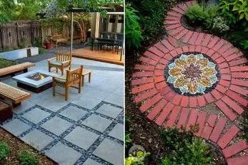 طراحی کفسازی حیاط با موزاییک شیک؛ ایده زیباسازی با ترکیب چمن یا تلفیق مدرن و کلاسیک