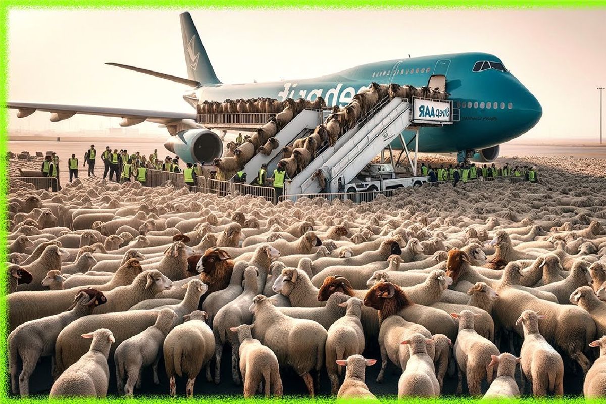 جابه جایی‌های جانکاه؛ صف انتظار گاو گوسفندا برای پرواز اینا از نیسان رسیدن به هواپیما