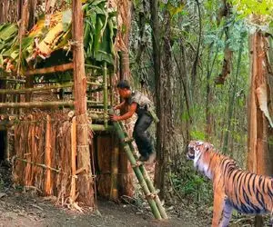 معماری خلاقانه؛ برای نجات جونش از حمله ببر خونه اعیونی نقلی با بامبو ساخت تو جنگل