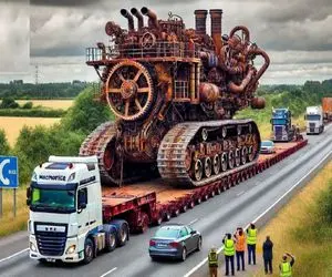 جابه جایی جانکاه؛ تو جاده گل اندود با دوتا یدک کش بیل مکانیکی که تانک داره رو میبره