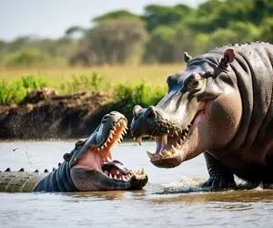 مستند حیات وحش / اسب آبی دهن گشاد و تمساح دد وسط برکه معرکه گرفتن